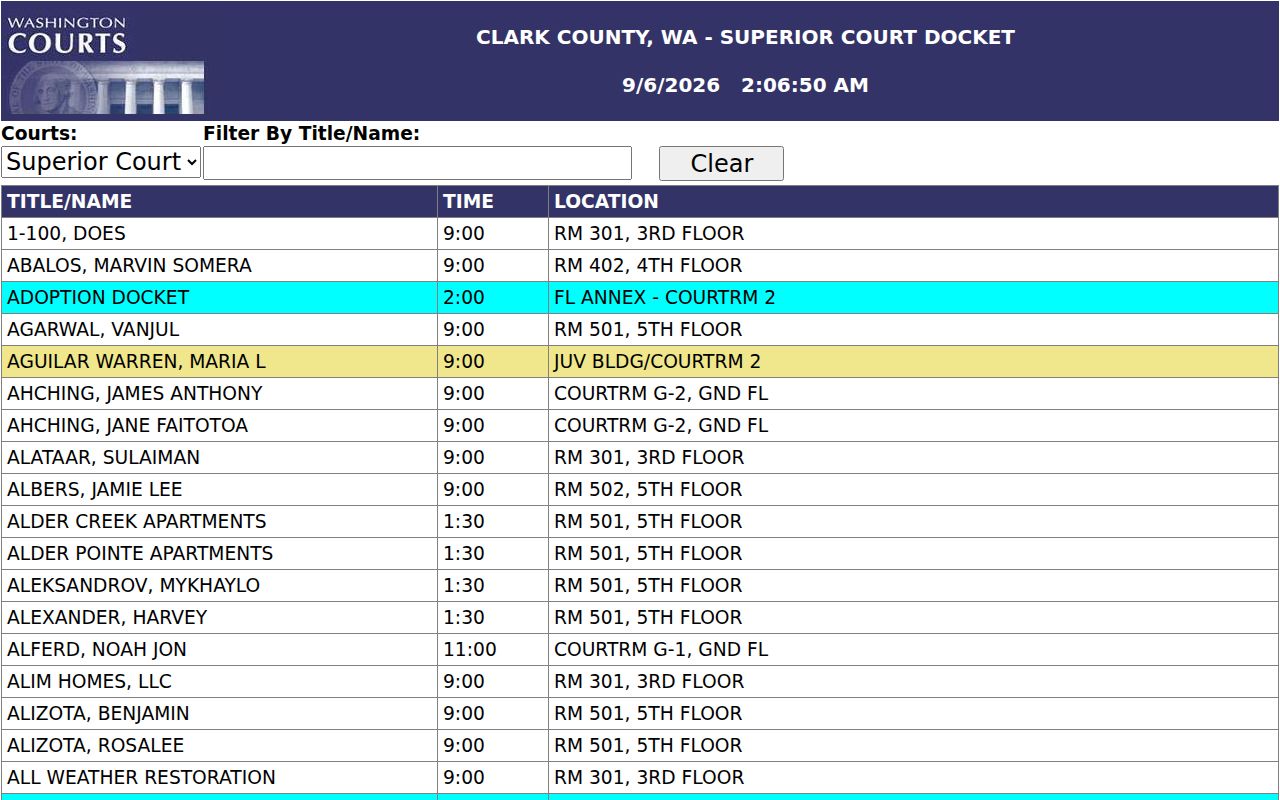 Clark County court schedule lookup fields