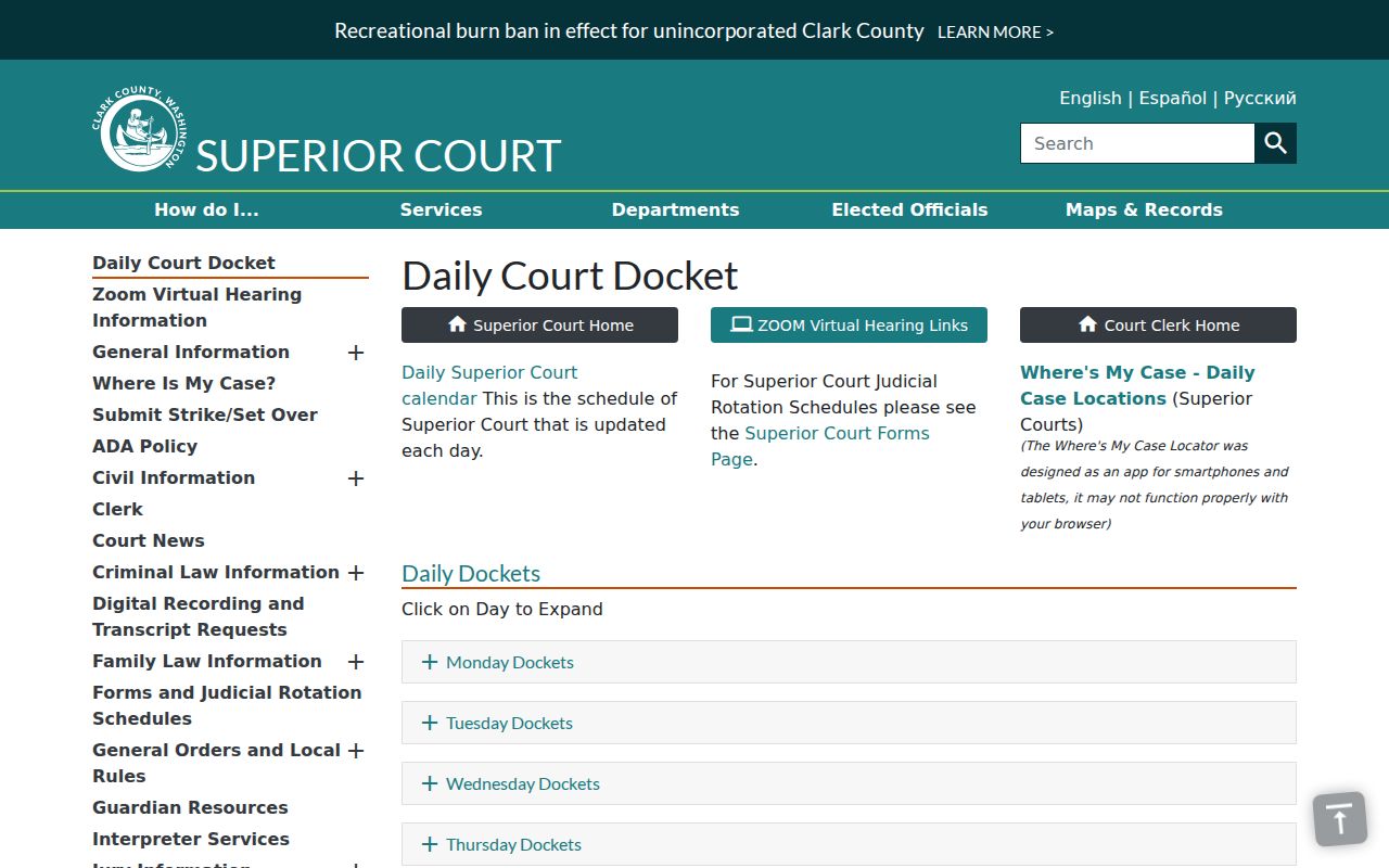 Clark County court calendar daily docket page