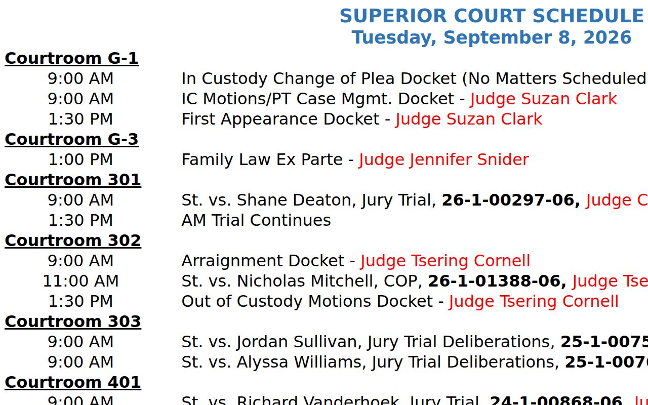 Clark County court calendar schedule rows