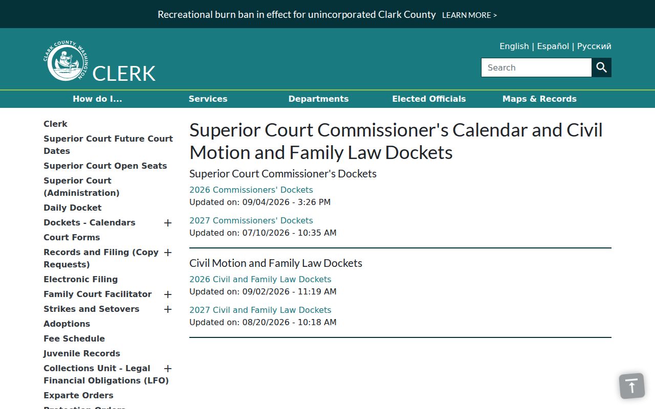 Clark County civil docket commissioner and motion calendar links