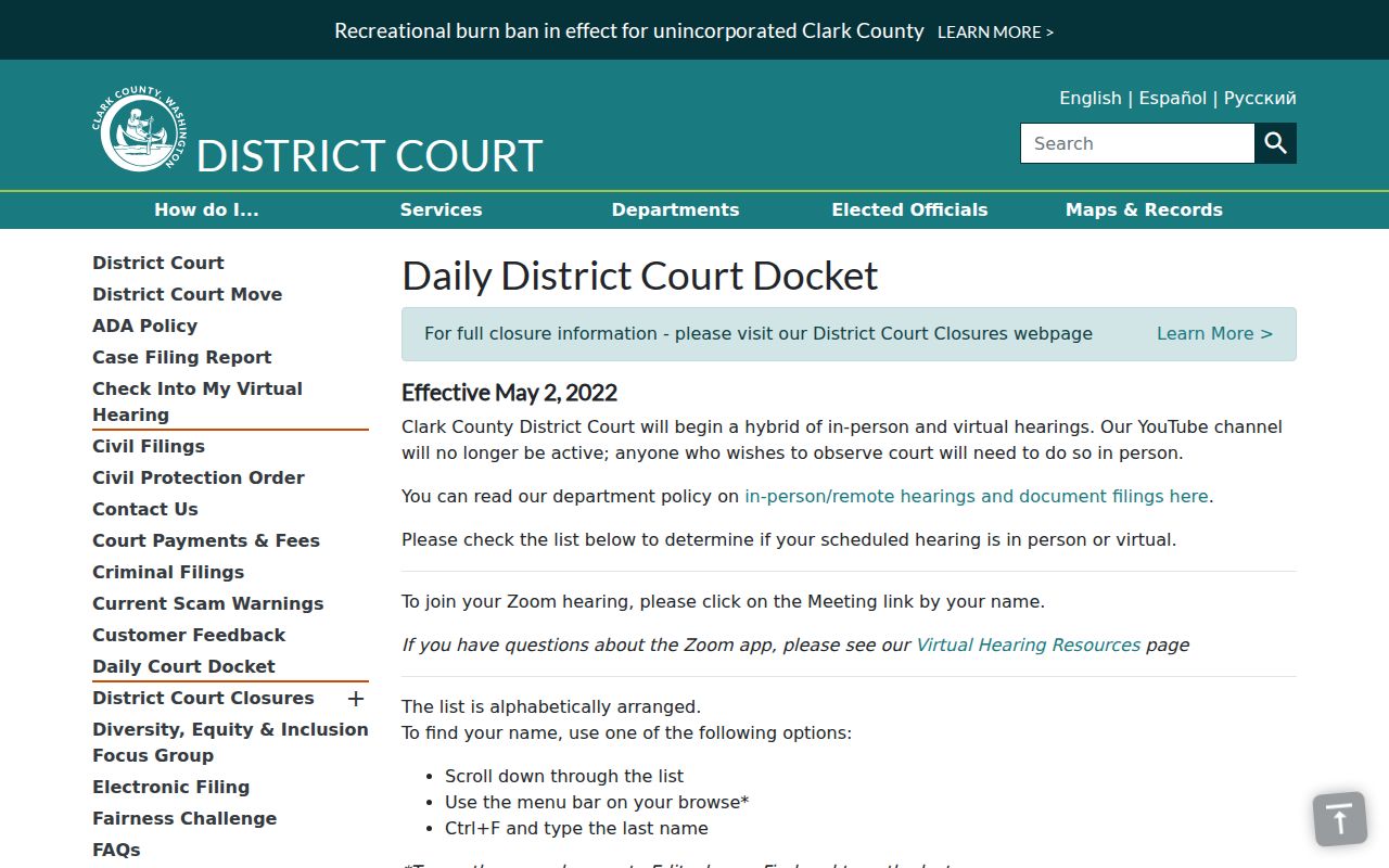 Clark County criminal docket District Court calendar