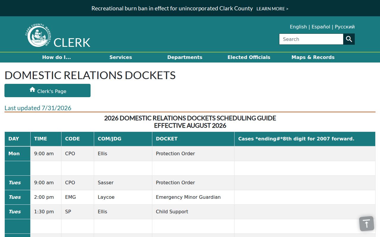 Clark County civil docket domestic relations calendar page